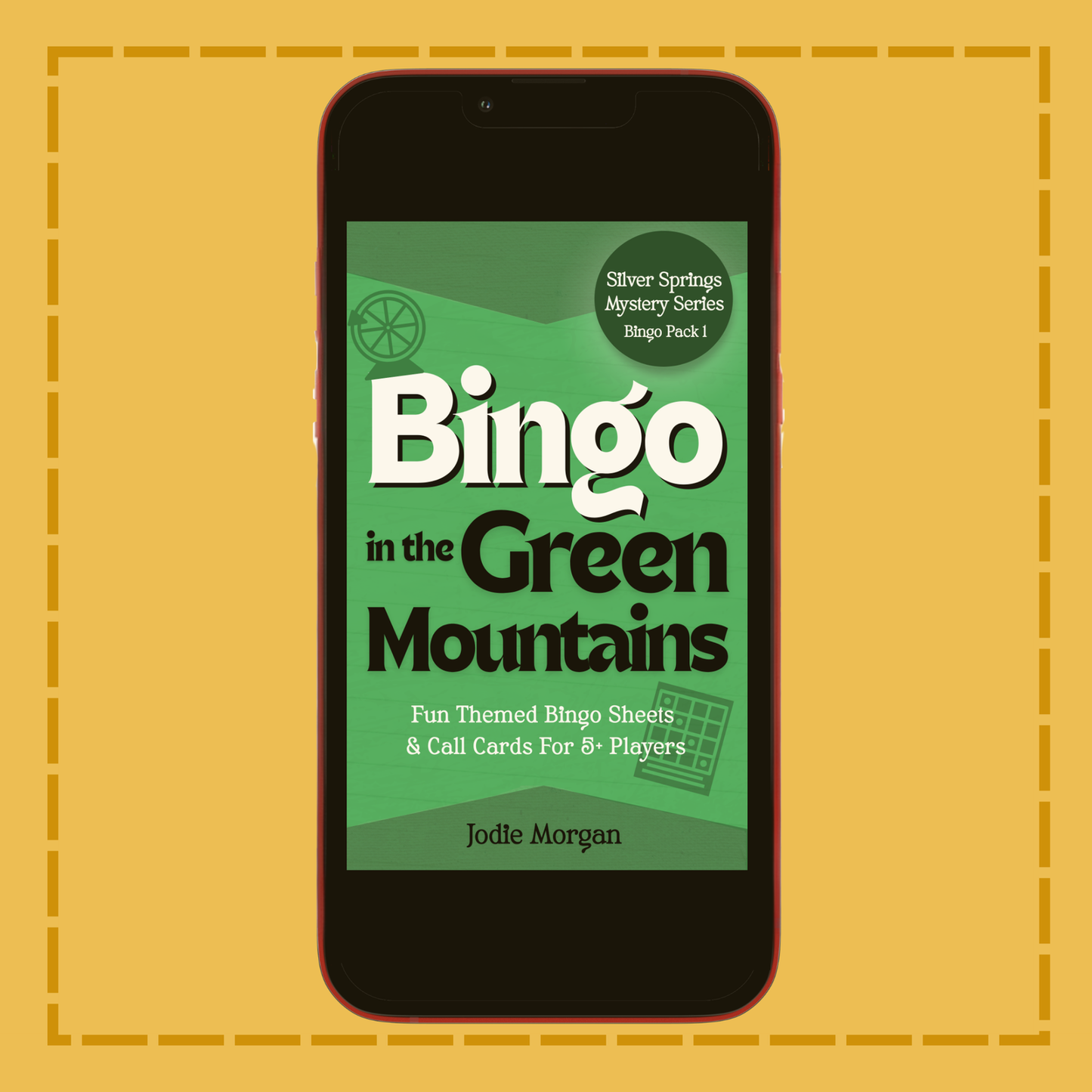 Phone displaying a book cover titled 'Bingo in the Green Mountains' on a yellow background