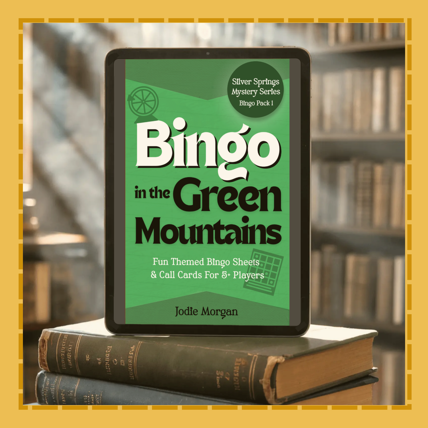 Ebook cover of 'Bingo in the Green Mountains' on a tablet with books in the background