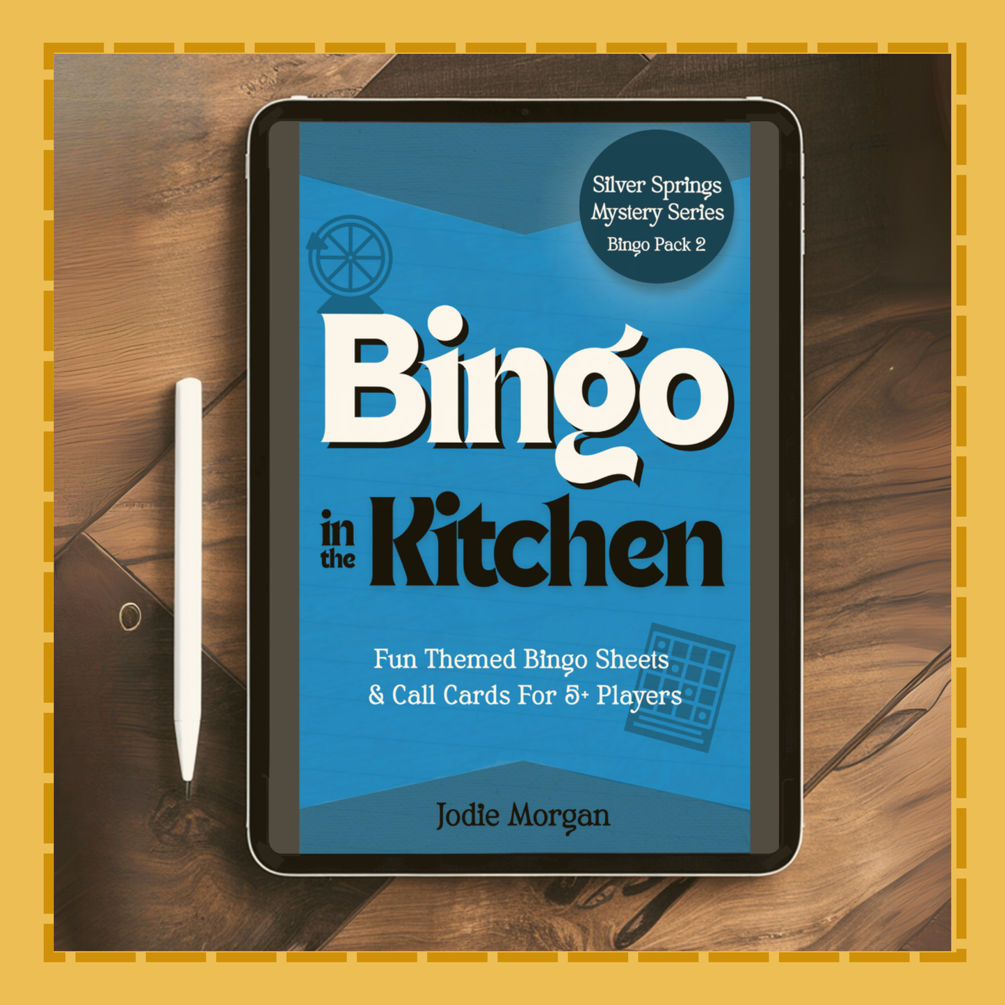 Tablet displaying the book cover of 'Bingo in the Kitchen' on a wooden surface.