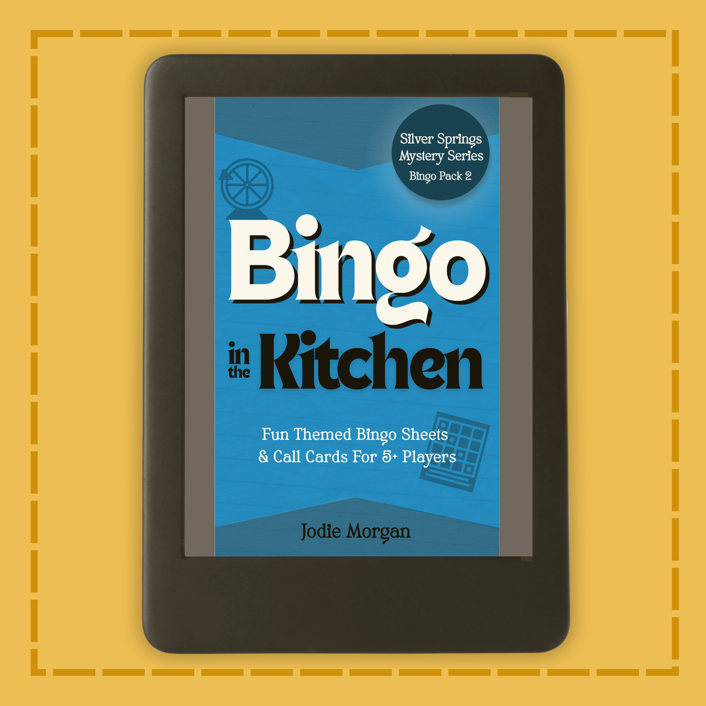 E-reader displaying 'Bingo in the Kitchen' book cover on a yellow background