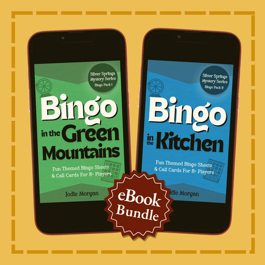 Two smartphones displaying 'Bingo in the Green Mountains' and 'Bingo in the Kitchen' eBooks with a yellow border.