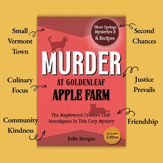 Book cover of 'Murder at Goldenleaf Apple Farm' with text highlighting book elements on a yellow background