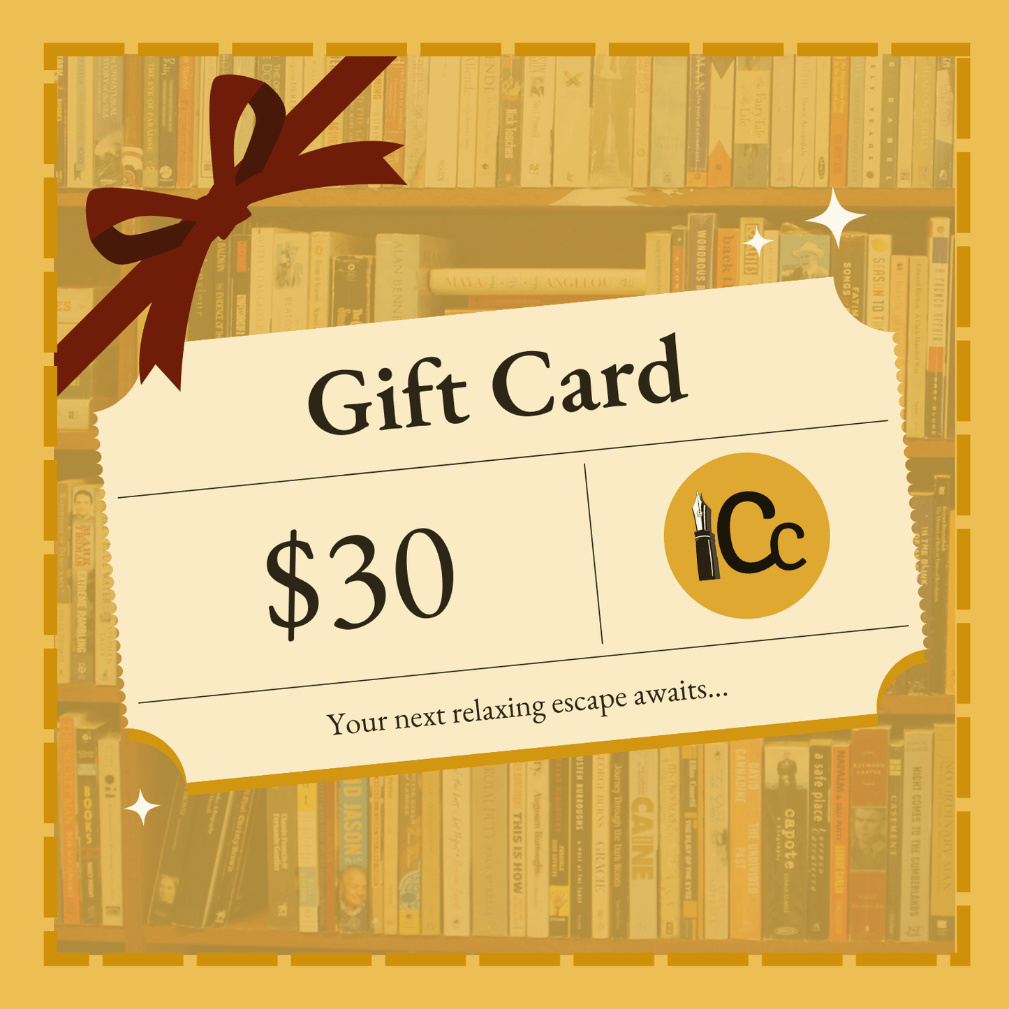 Gift card with $30 value and 'Cc' logo on a bookshelf background