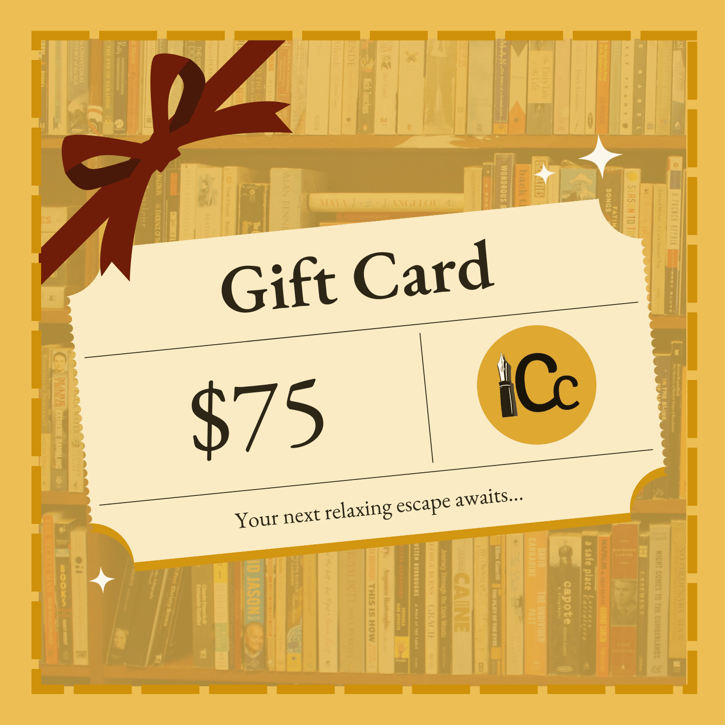 Gift card with a value of $75 and a logo on a bookshelf background