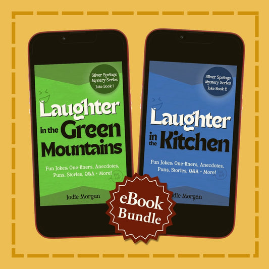 Two smartphones displaying 'Laughter in the Green Mountains' and 'Laughter in the Kitchen' on a yellow background with a 'eBook Bundle' label.