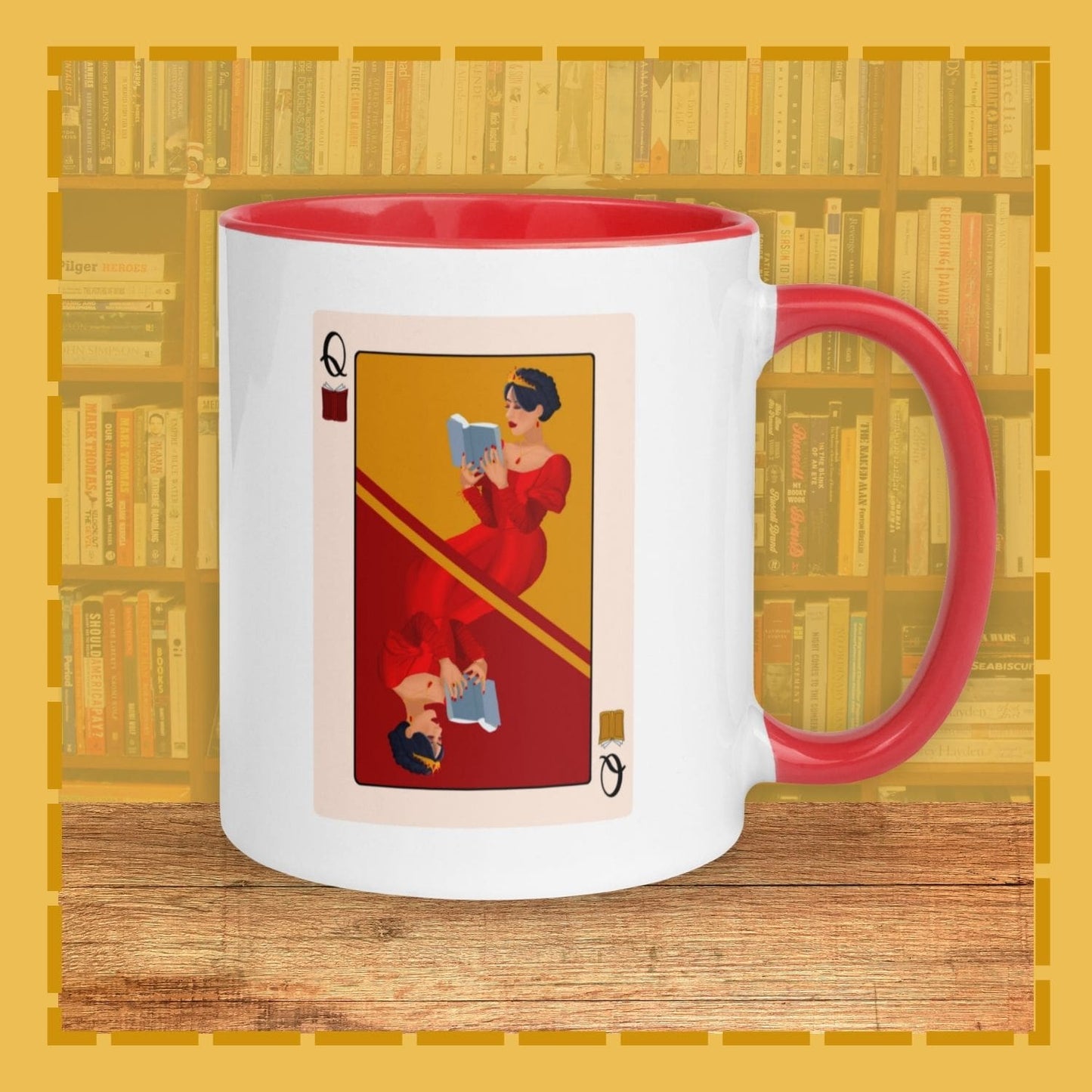 Mug with a design of a woman holding a book on a playing card background, set against a bookshelf.