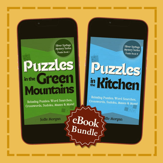 Two smartphones displaying eBook covers titled 'Puzzles in the Green Mountains' and 'Puzzles in the Kitchen' with a 'eBook Bundle' label on a yellow background.