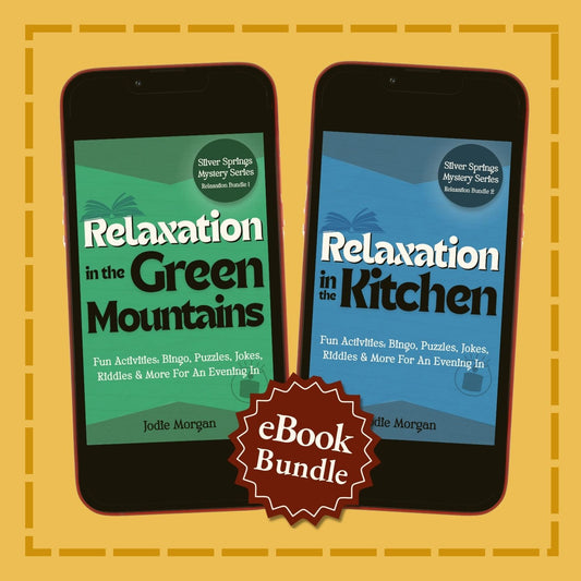 Two smartphones displaying eBook covers titled 'Relaxation in the Green Mountains' and 'Relaxation in the Kitchen' on a yellow background.