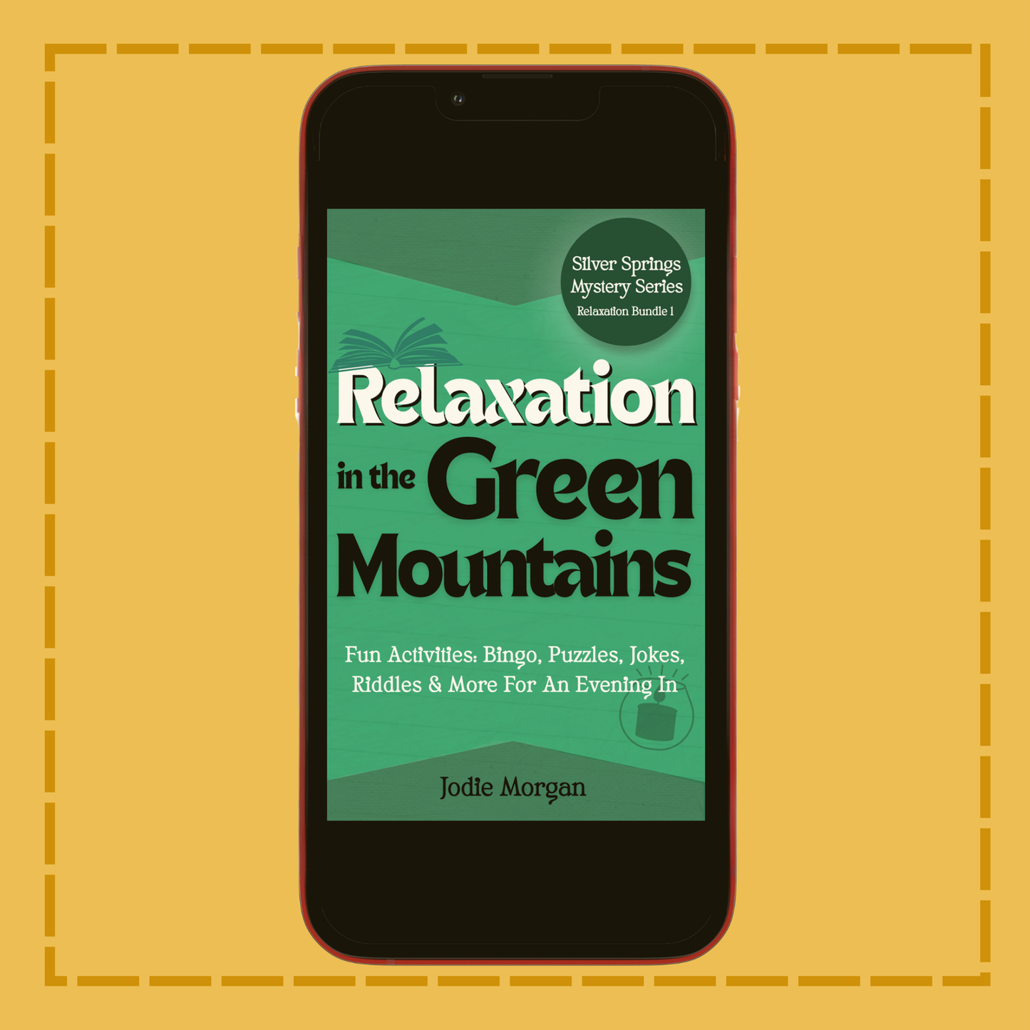 Phone displaying 'Relaxation in the Green Mountains' book cover on a yellow background