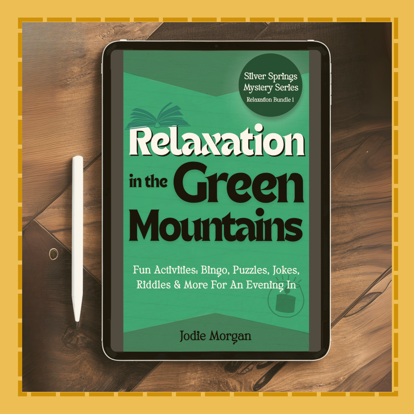 Tablet displaying a book cover titled 'Relaxation in the Green Mountains' on a wooden surface.