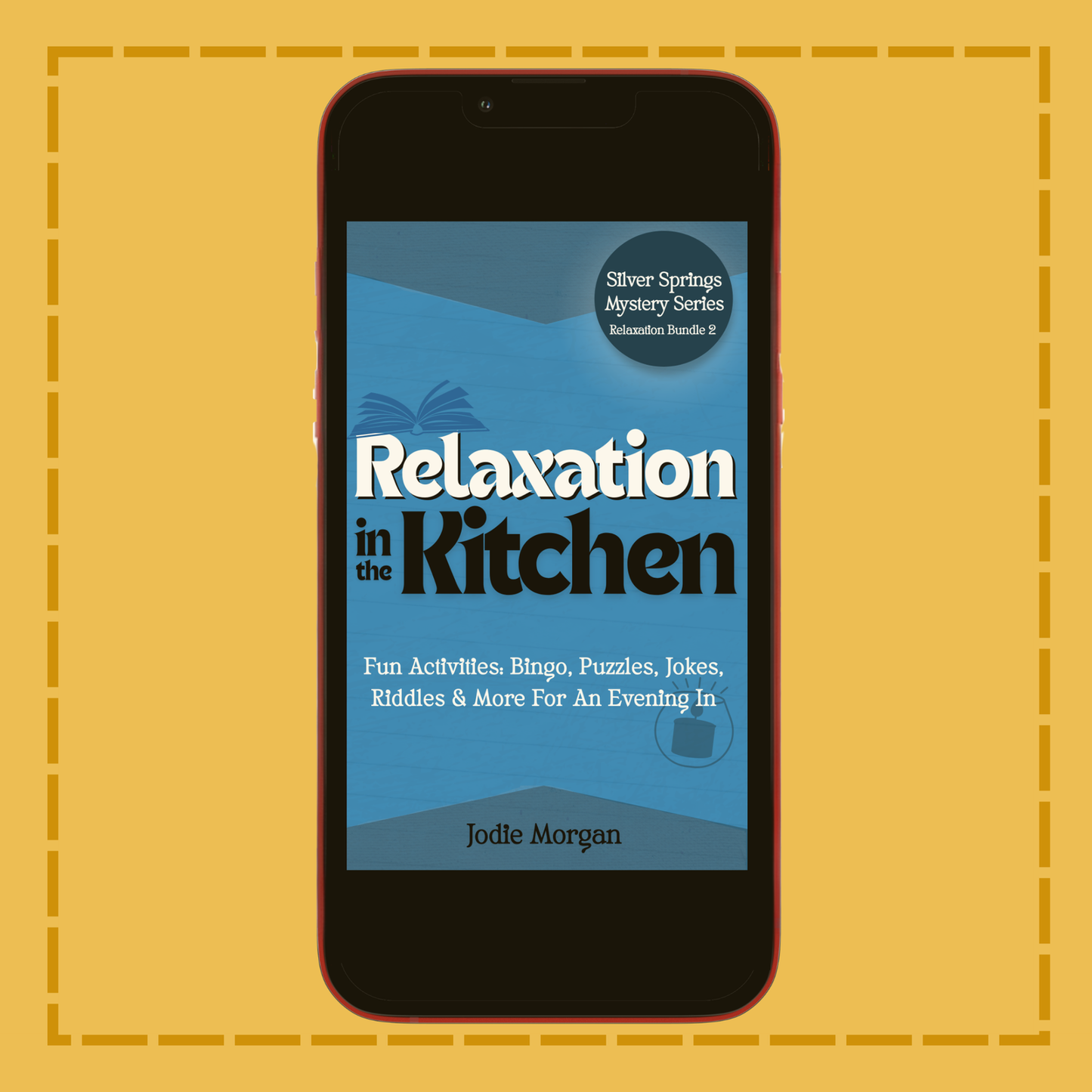 Phone displaying 'Relaxation in the Kitchen' book cover on a yellow background