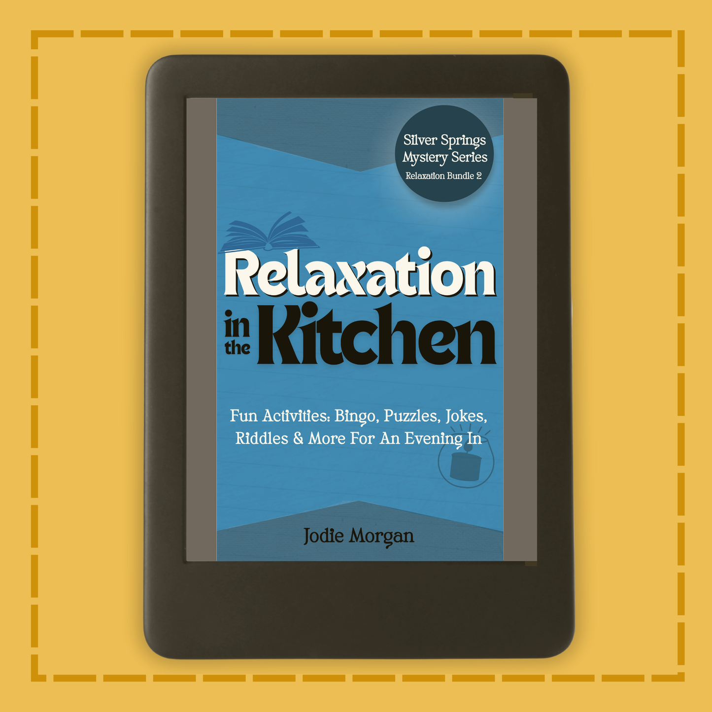 E-reader displaying a book cover titled 'Relaxation in the Kitchen' on a yellow background