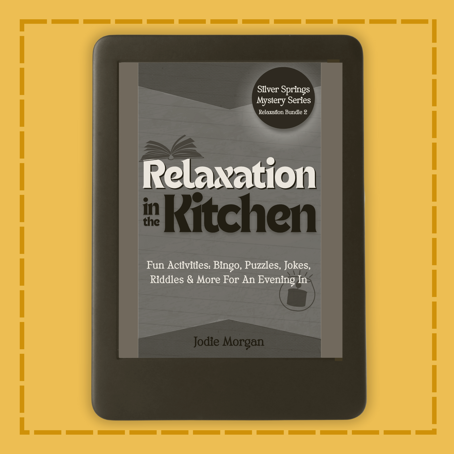 E-reader displaying a book cover titled 'Relaxation in the Kitchen' on a yellow background
