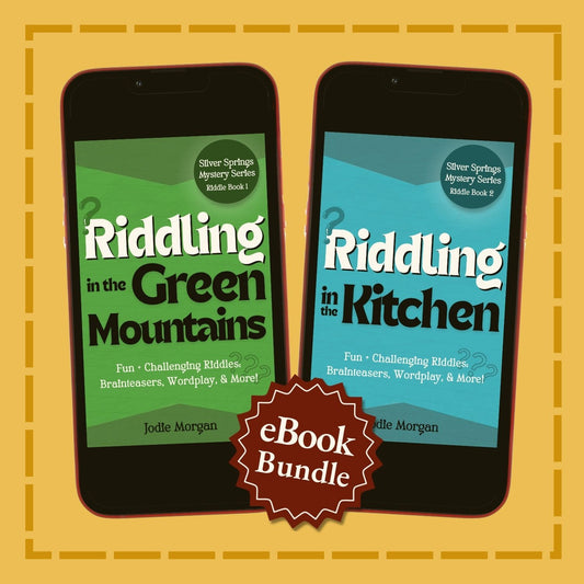 Two smartphones displaying 'Riddling in the Green Mountains' and 'Riddling in the Kitchen' with a 'eBook Bundle' label on a yellow background.