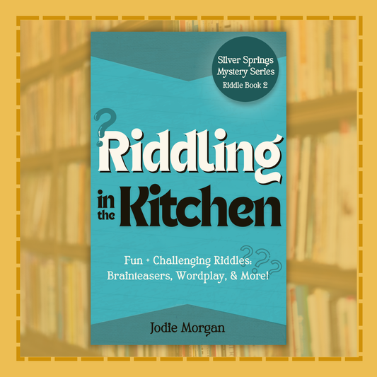 Book cover of 'Riddling in the Kitchen' by Jodie Morgan on a bookshelf background