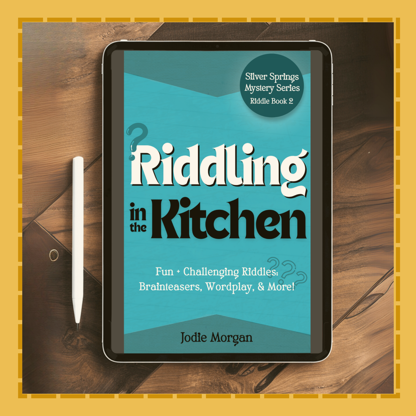 Tablet displaying the book cover of 'Riddling in the Kitchen' on a wooden surface.
