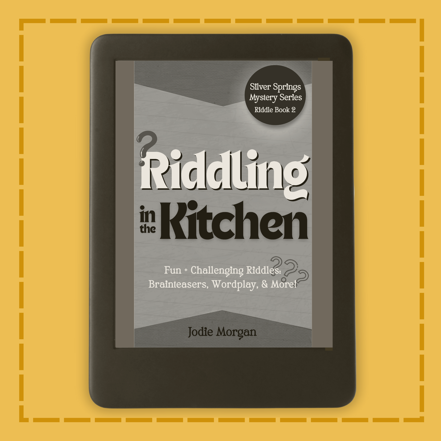 E-reader displaying the book cover of 'Riddling in the Kitchen' on a yellow background