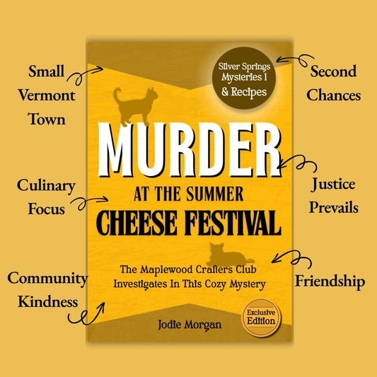 Murder At The Summer Cheese Festival with text highlighting key themes.