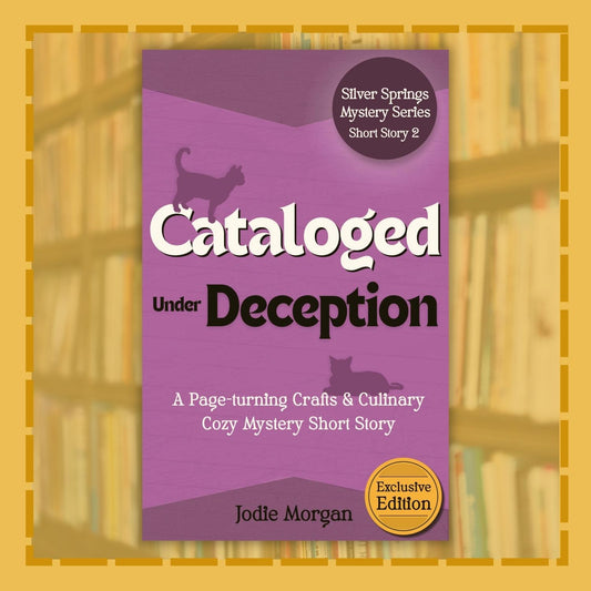 Book cover of 'Cataloged Under Deception' by Jodie Morgan with a purple background and cat illustrations.
