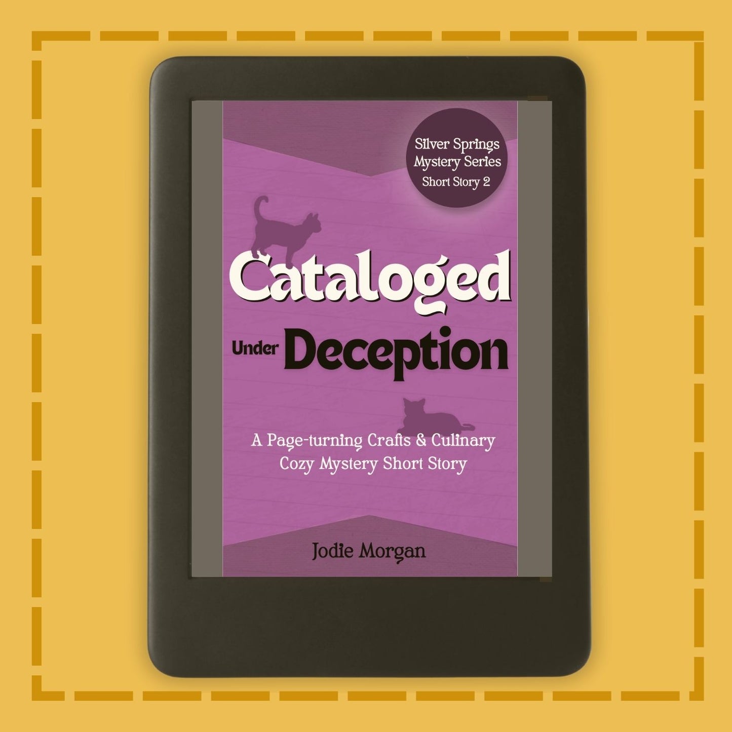 E-reader displaying a book cover titled 'Cataloged Under Deception' on a yellow background