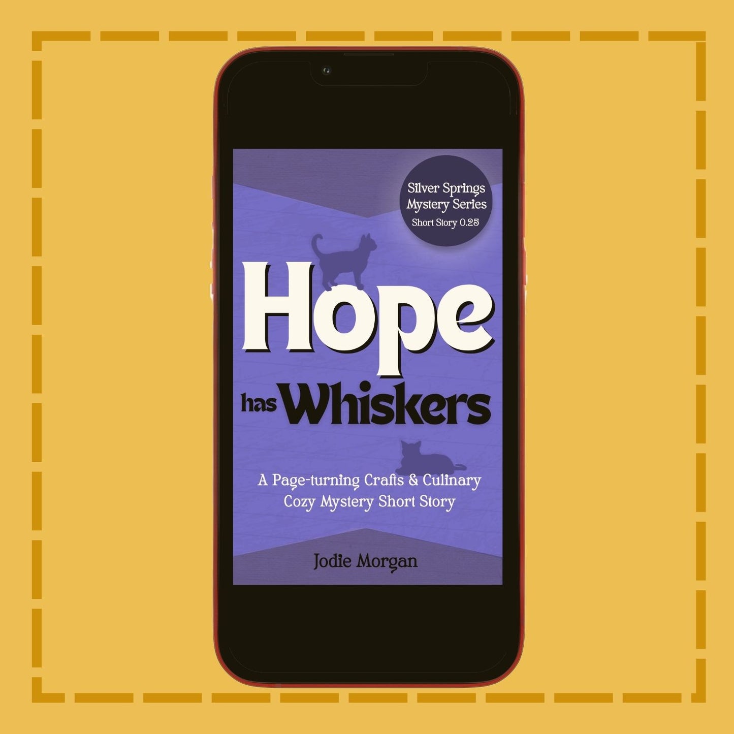 Phone displaying a book cover titled 'Hope has Whiskers' on a yellow background