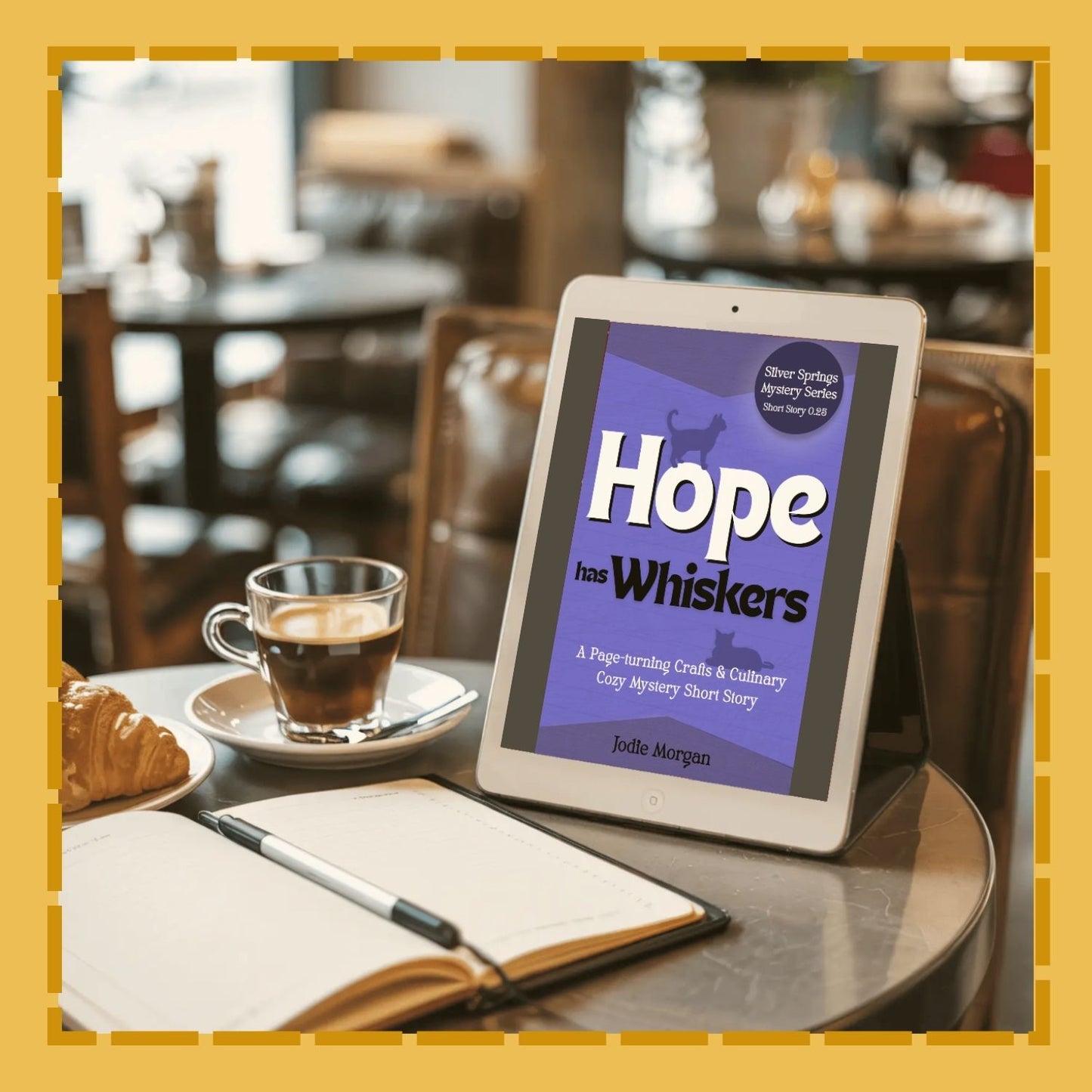 Tablet displaying 'Hope has Whiskers' on a table with a cup of coffee and pastry.