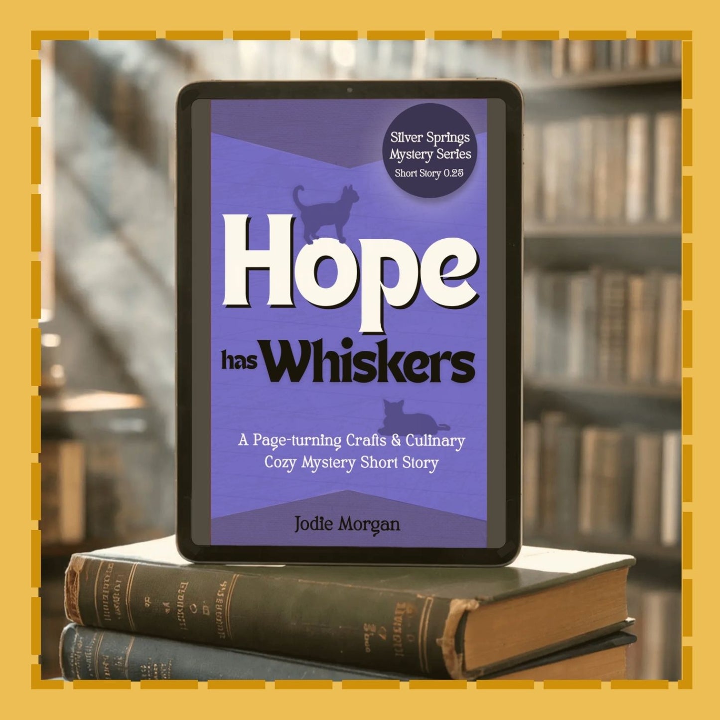 E-reader displaying 'Hope has Whiskers' on a stack of books with a blurred bookshelf background