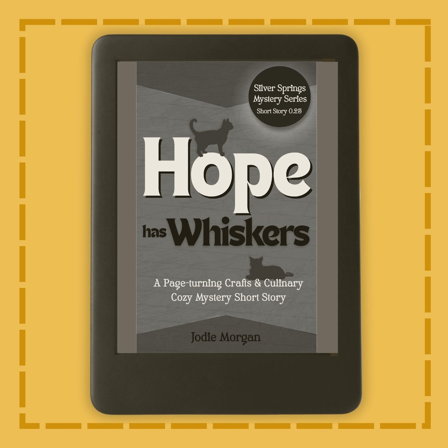 E-reader displaying a book cover titled 'Hope has Whiskers' on a yellow background