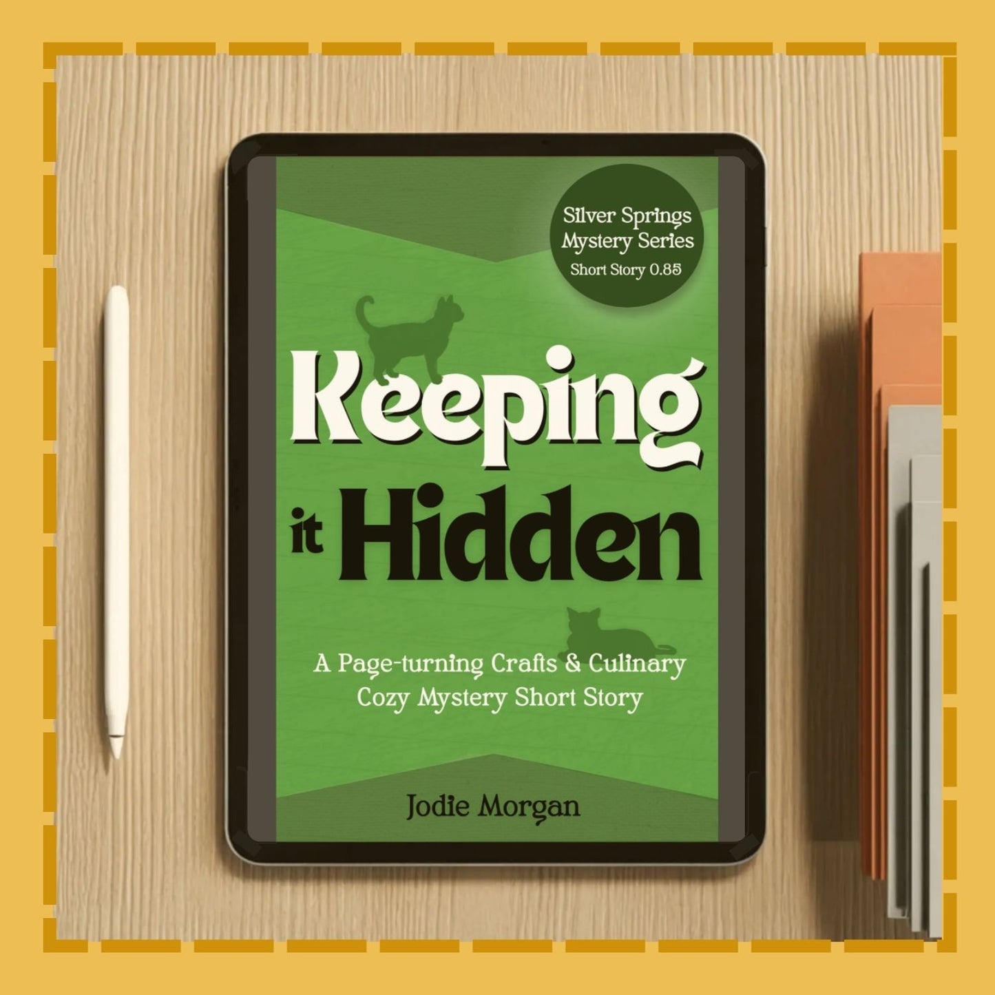 Ebook cover of 'Keeping it Hidden' on a digital device with a pen and book on a wooden surface.