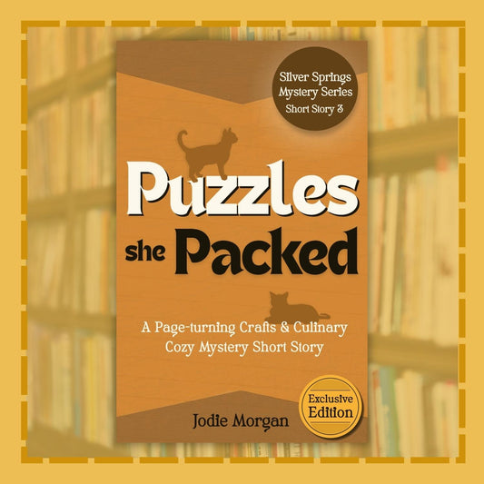 Book cover of 'Puzzles she Packed' by Jodie Morgan with a cat illustration on a wooden background.
