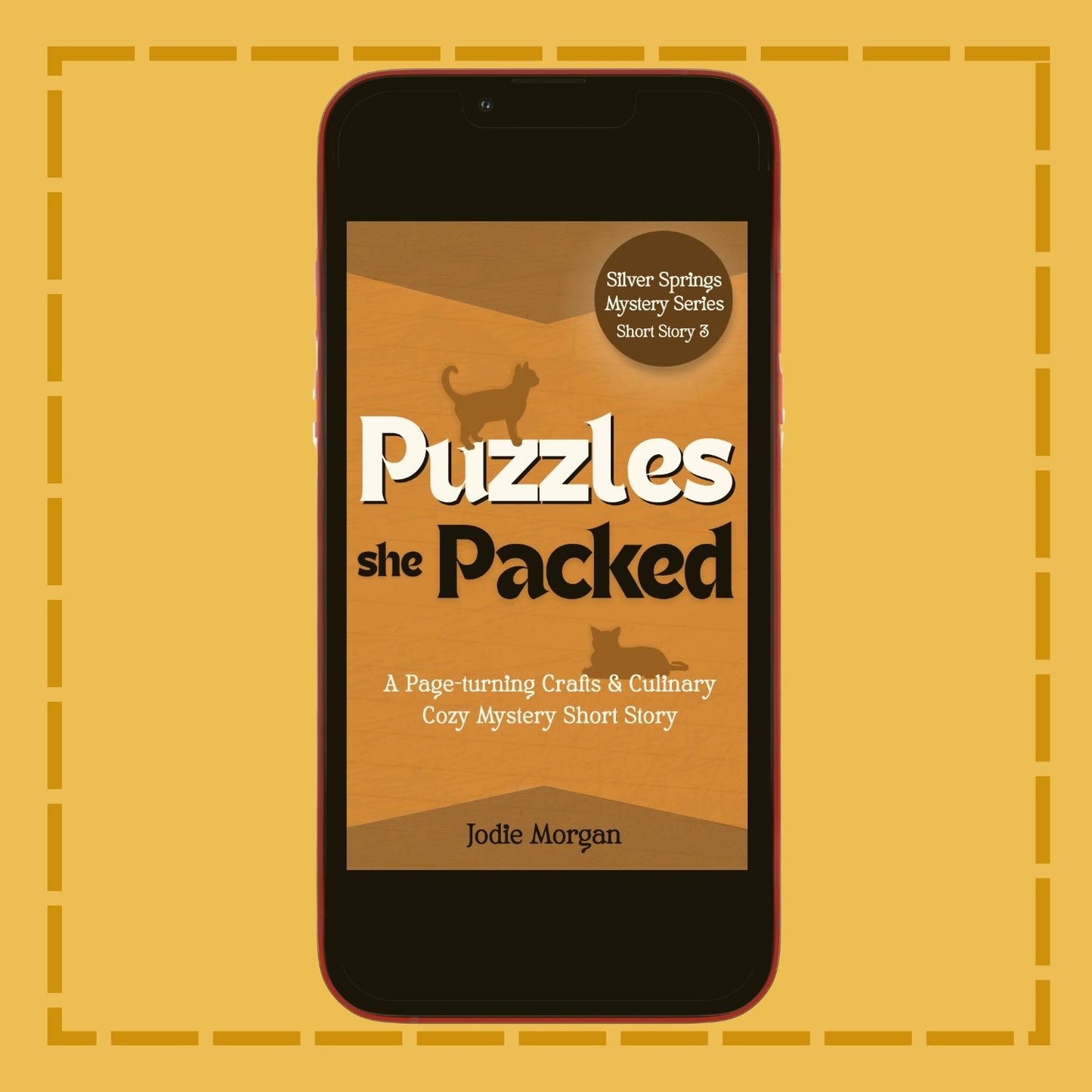 Phone displaying a book cover titled 'Puzzles she Packed' on a yellow background