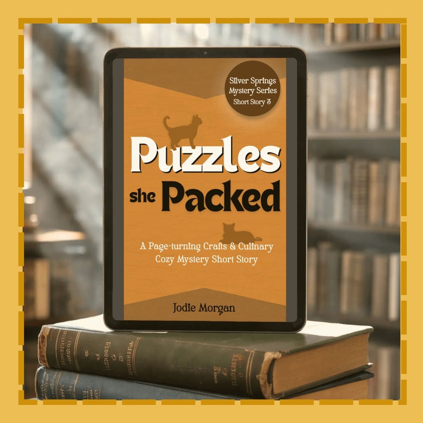 E-reader displaying a book cover titled 'Puzzles she Packed' on top of two physical books with a blurred bookshelf background.