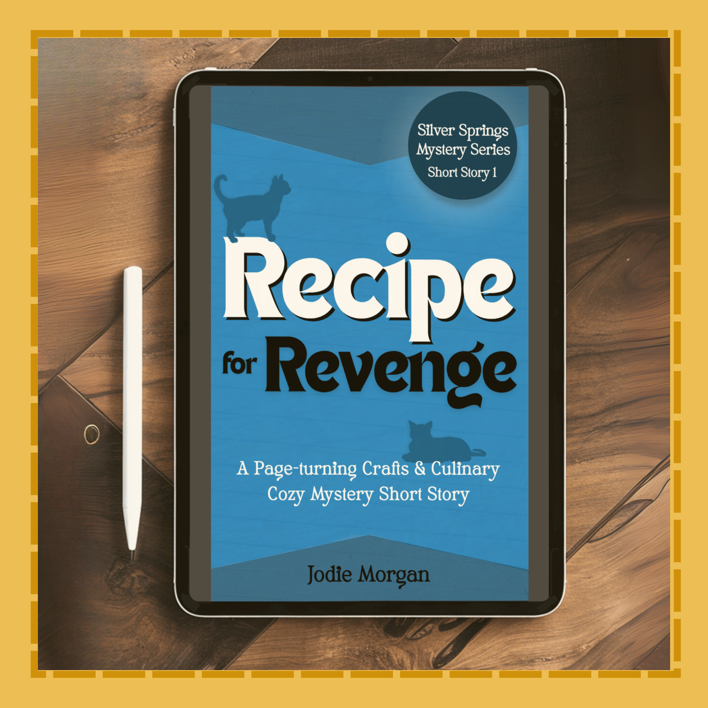 Tablet displaying the book cover 'Recipe for Revenge' by Jodie Morgan on a wooden surface.