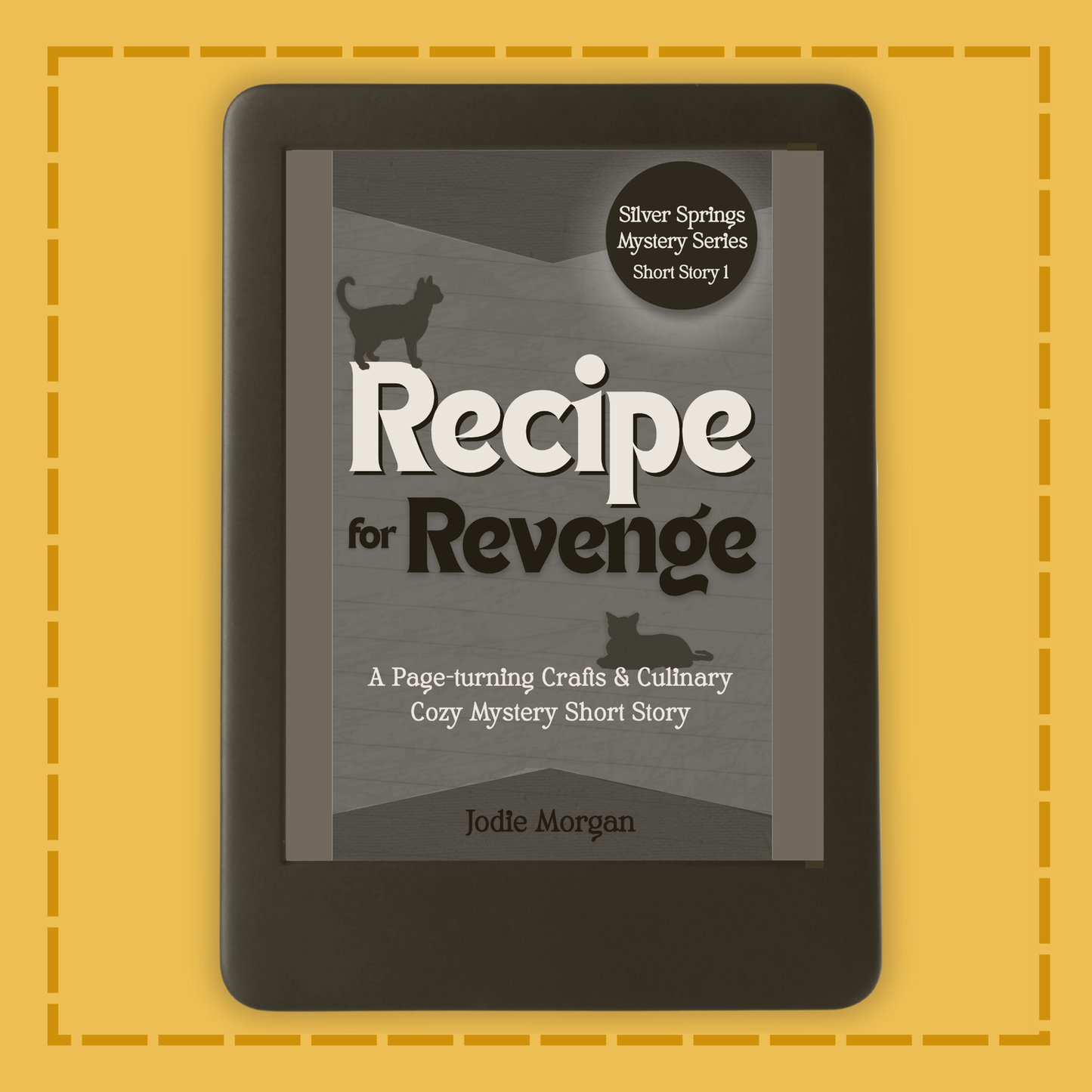 E-reader displaying a book cover titled 'Recipe for Revenge' on a yellow background