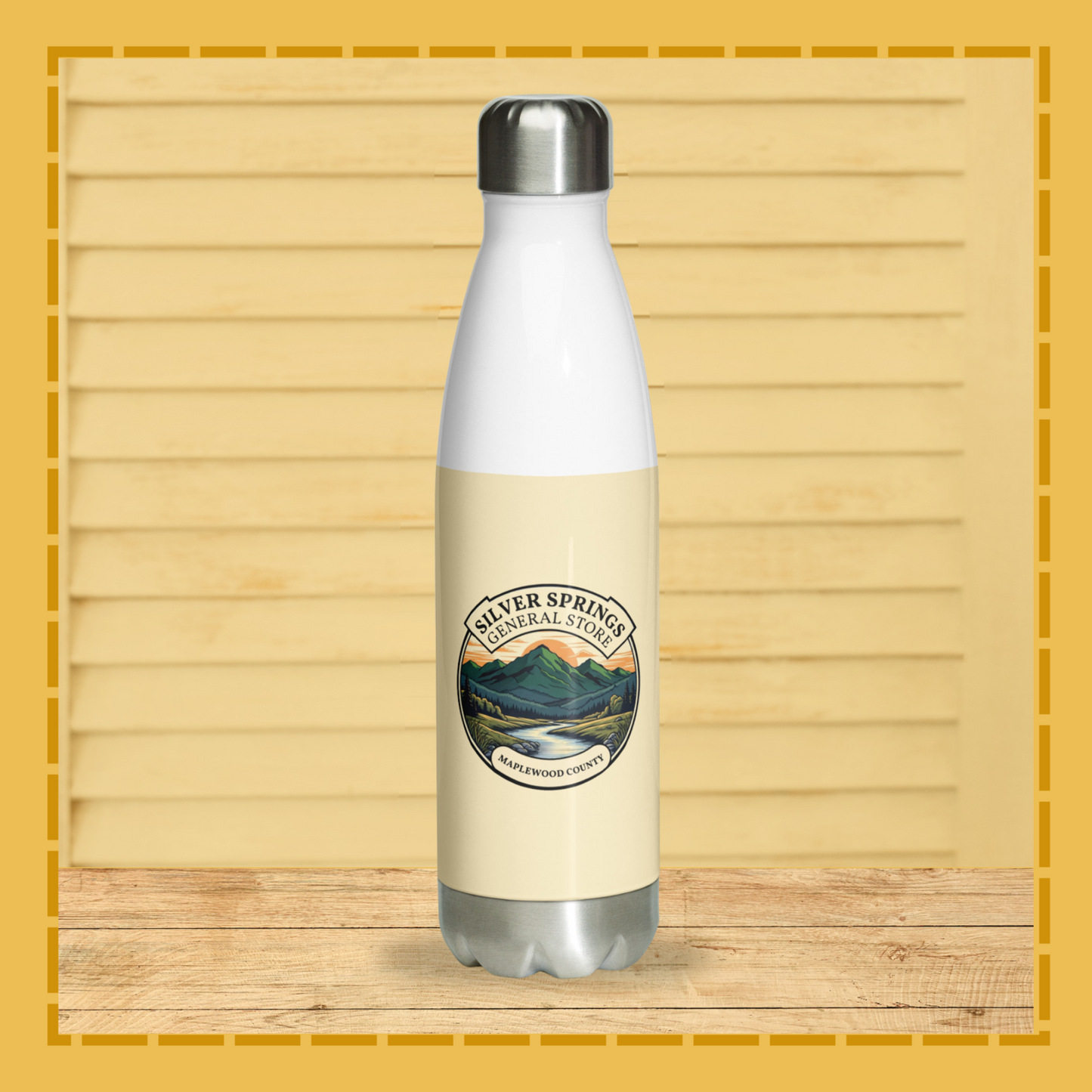 White water bottle with a logo on a wooden surface