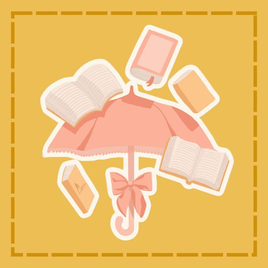 Pink umbrella with books on a yellow background