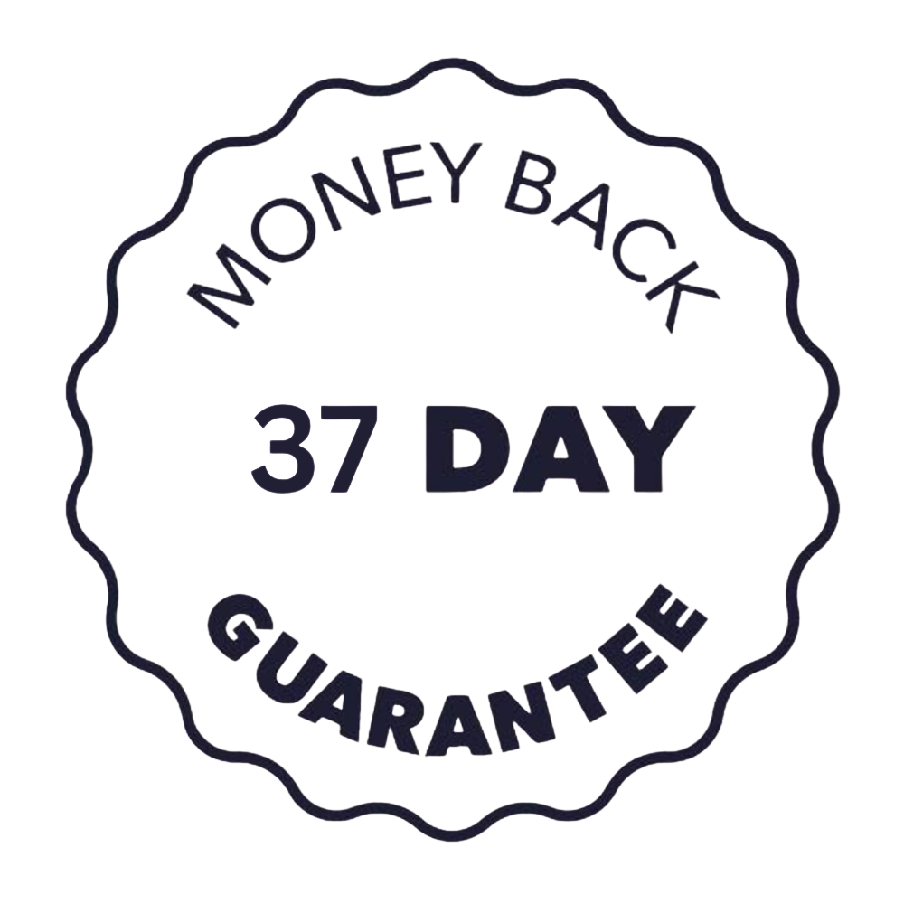 Money back 37 day guarantee logo on a white background