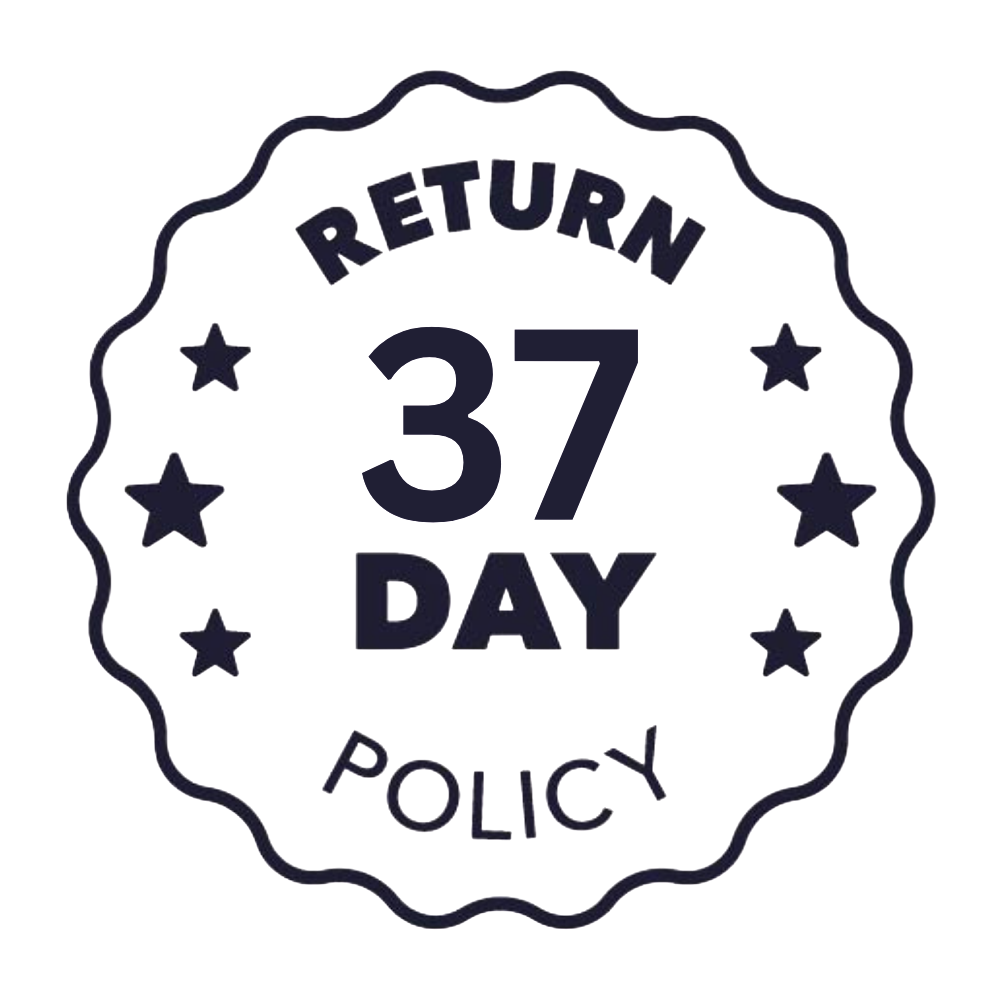 Round logo with 'RETURN 37 DAY POLICY' text and stars on a white background