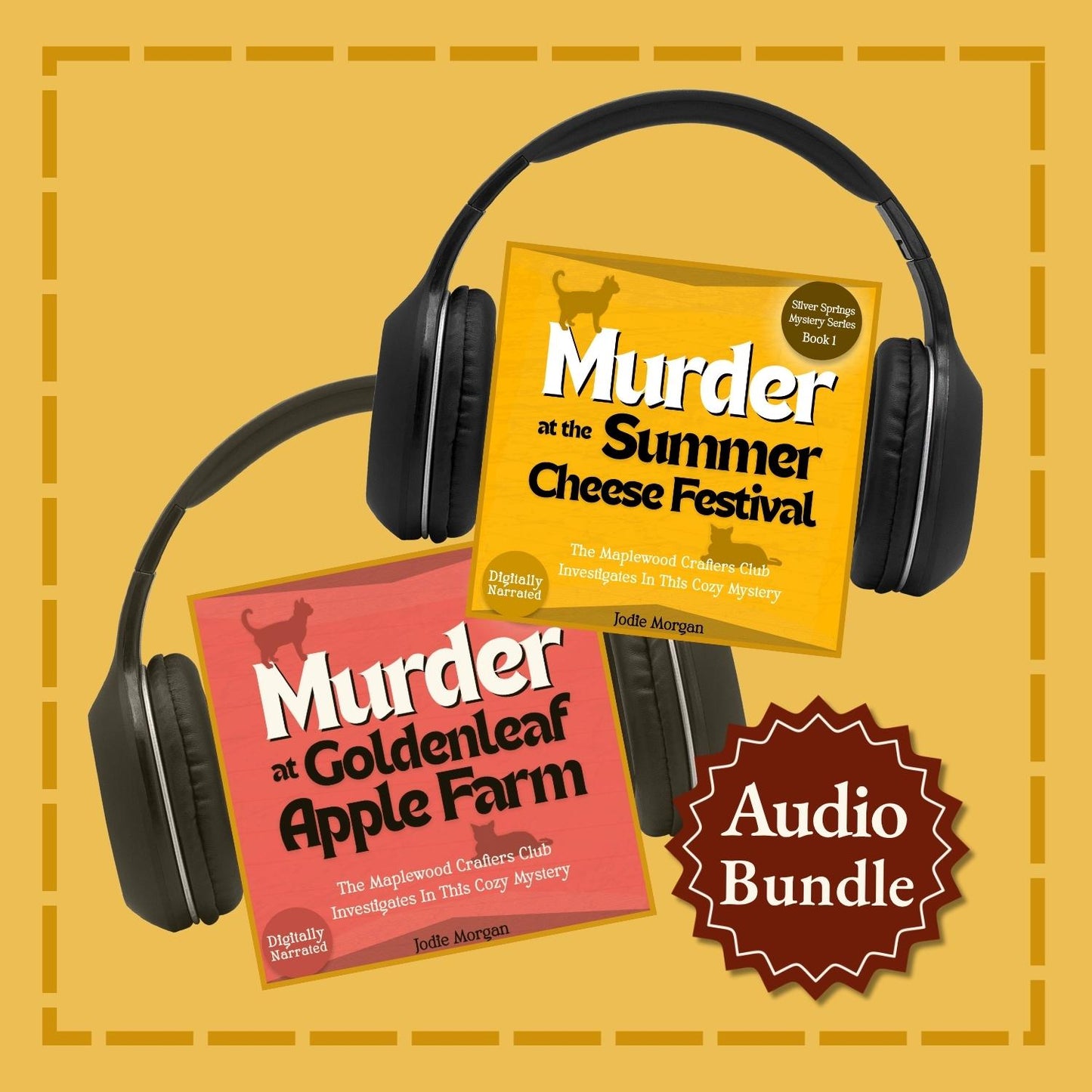 Two  audiobooks titled 'Murder at the Summer Cheese Festival' and 'Murder at Goldenleaf Apple Farm' with headphones on a yellow background.