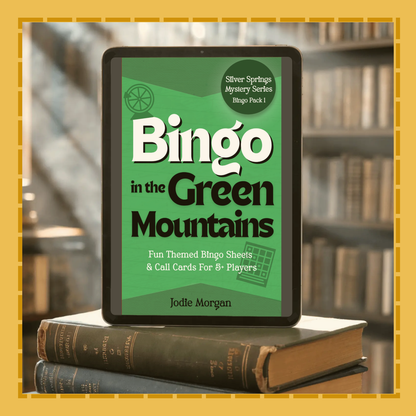 Ebook cover of 'Bingo in the Green Mountains' on a tablet with books in the background
