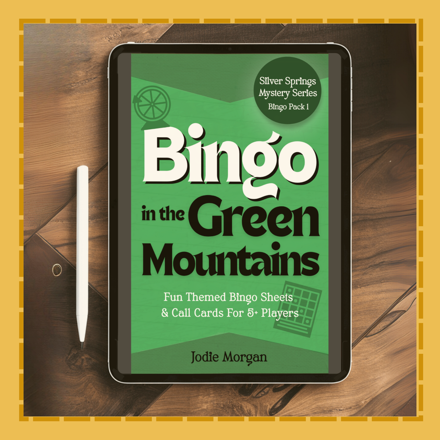 Tablet displaying the book cover of 'Bingo in the Green Mountains' on a wooden surface.