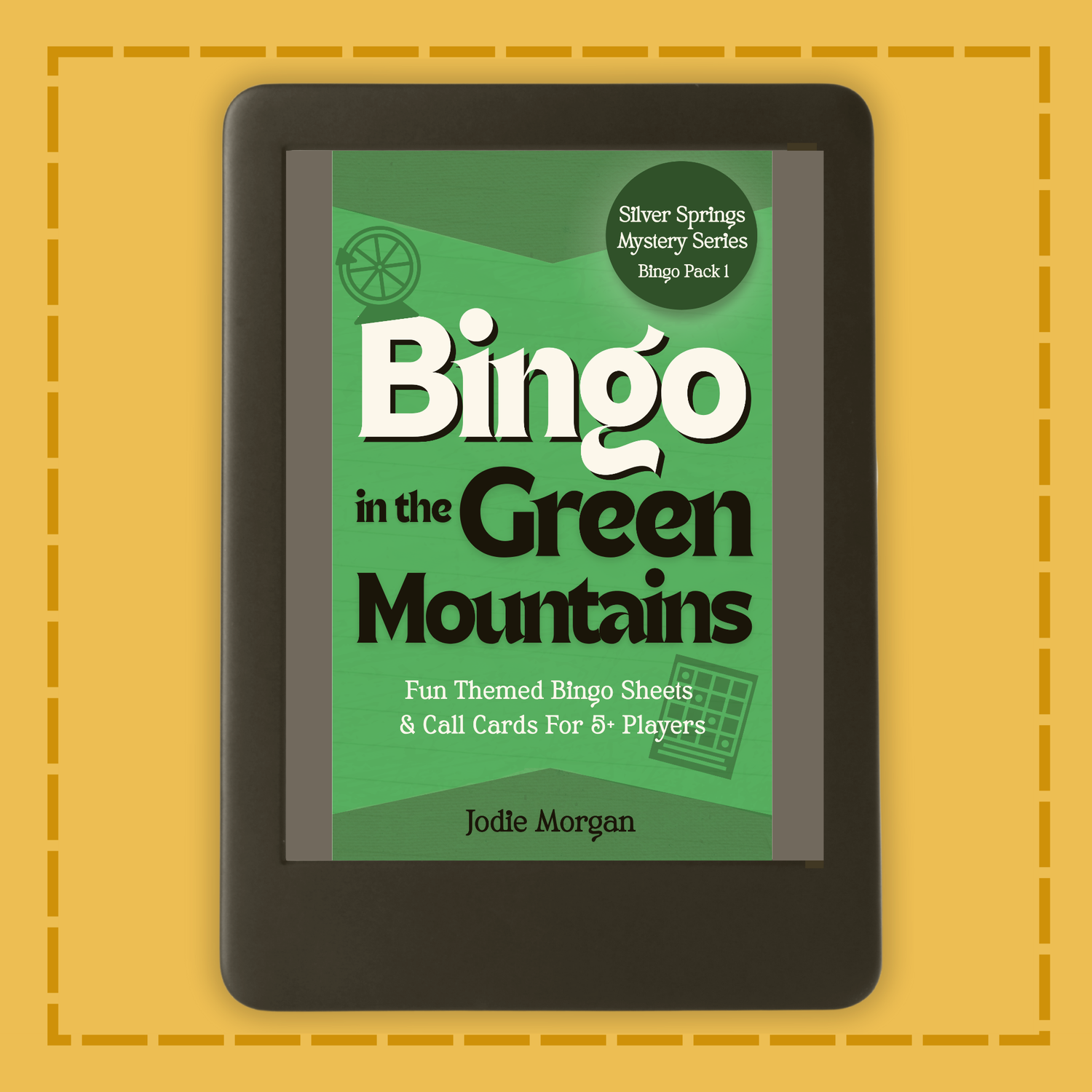E-reader displaying a book cover titled 'Bingo in the Green Mountains' on a yellow background