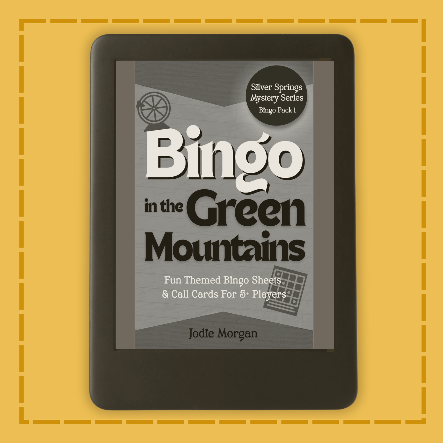 E-reader displaying 'Bingo in the Green Mountains' on a yellow background