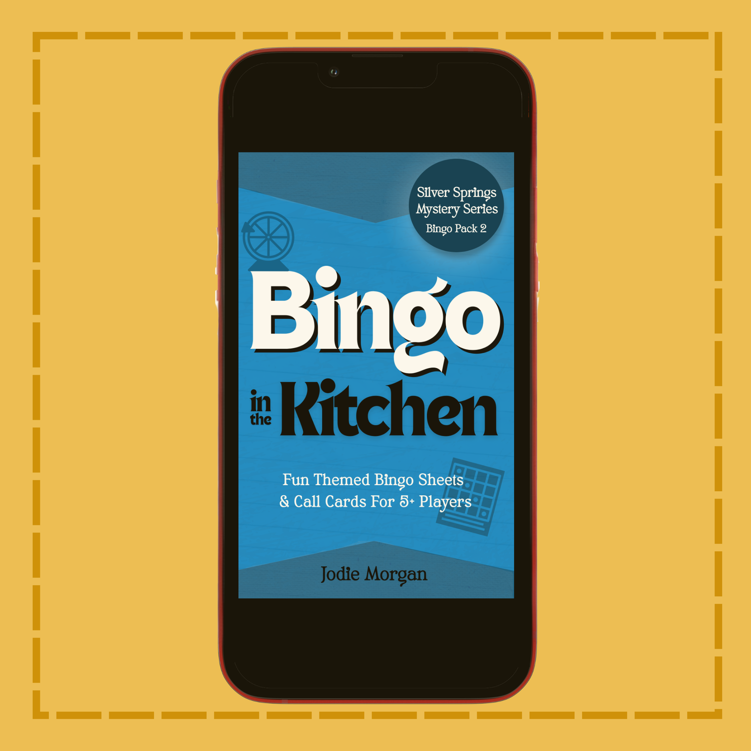 Phone displaying 'Bingo in the Kitchen' app on a yellow background