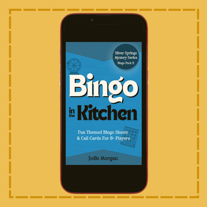 Phone displaying 'Bingo in the Kitchen' app on a yellow background