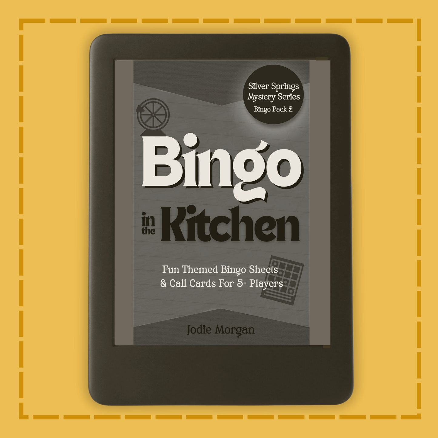 E-reader displaying the cover of 'Bingo in the Kitchen' on a yellow background