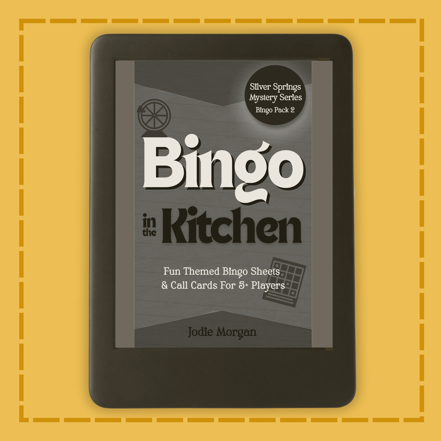 E-reader displaying the cover of 'Bingo in the Kitchen' on a yellow background