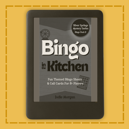E-reader displaying the cover of 'Bingo in the Kitchen' on a yellow background