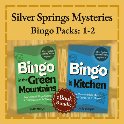 Two bingo packs for 'Silver Springs Mysteries' series on a yellow background