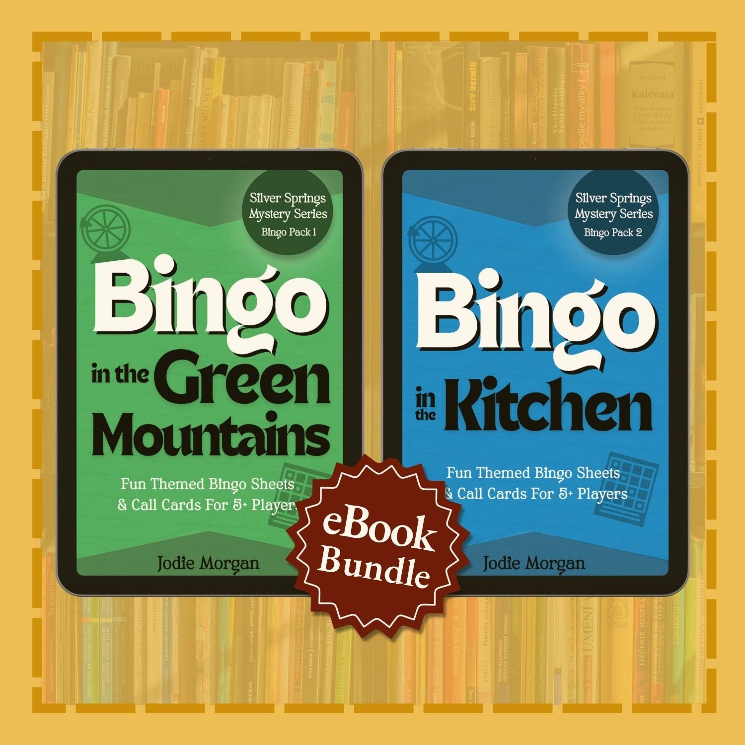 Two Bingo book covers titled 'Bingo in the Green Mountains' and 'Bingo in the Kitchen' with a red banner indicating an eBook bundle on a patterned background.